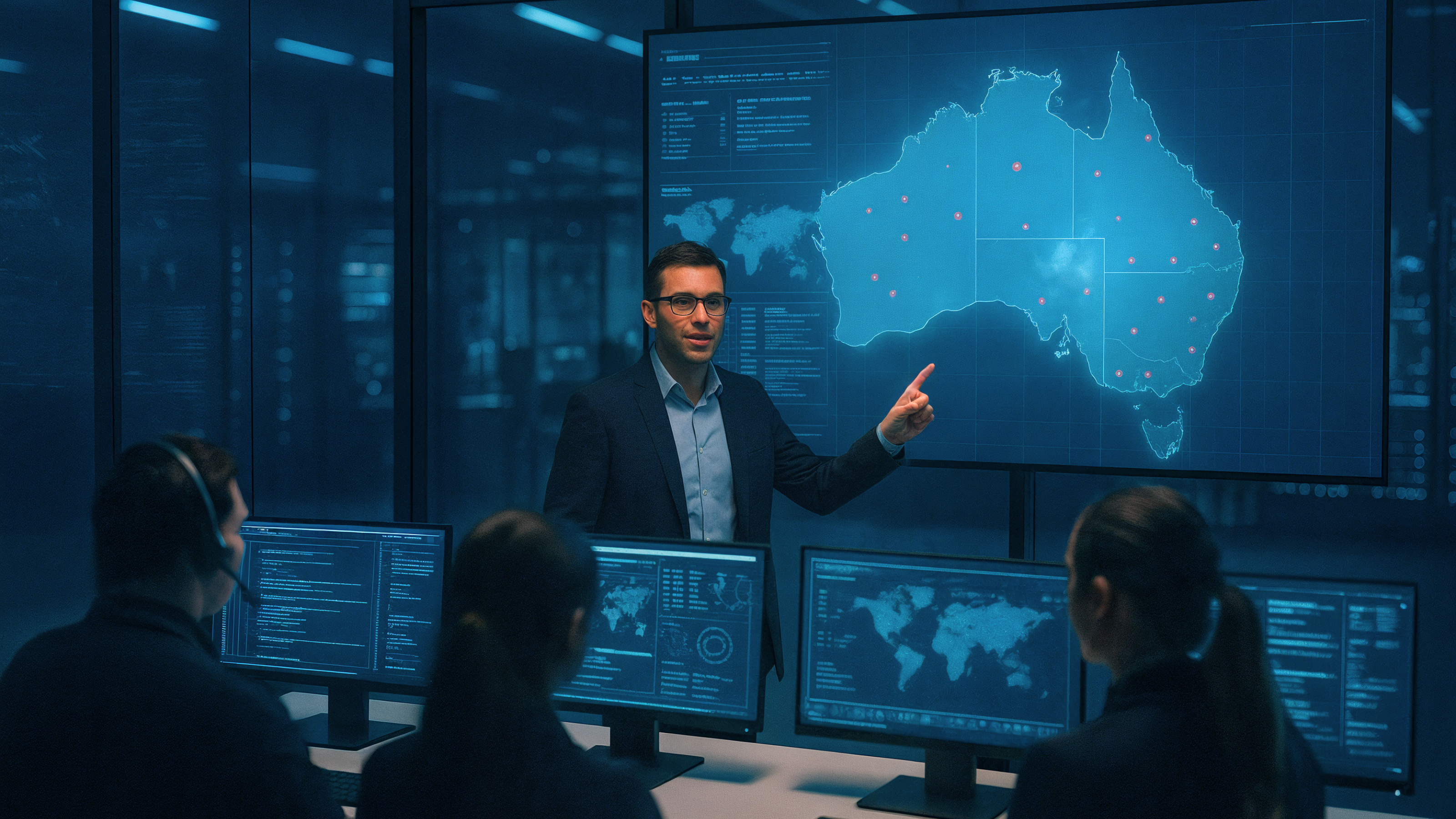 Banner 02 A cybersecurity team in a modern operations centre, led by a confident expert presenting in front of large global map displays