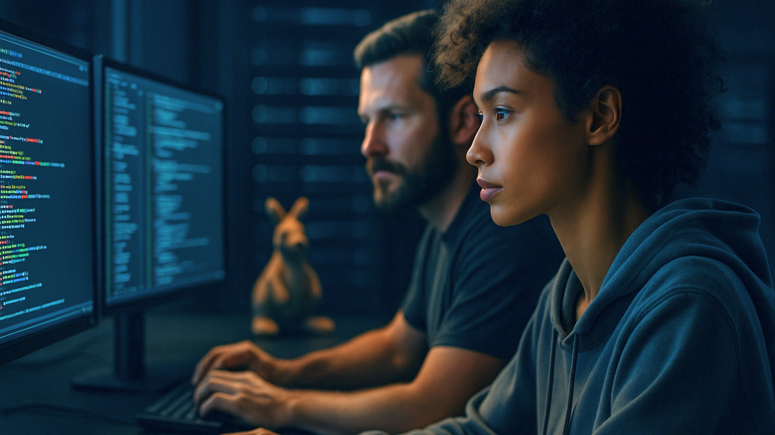 Image 02 Two cybersecurity specialists reviewing colourful code on a bright screen in a calm, focused environment.