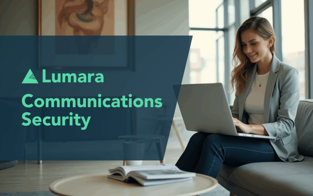 Woman on Laptop at Work, Lumara Communications Security Banner